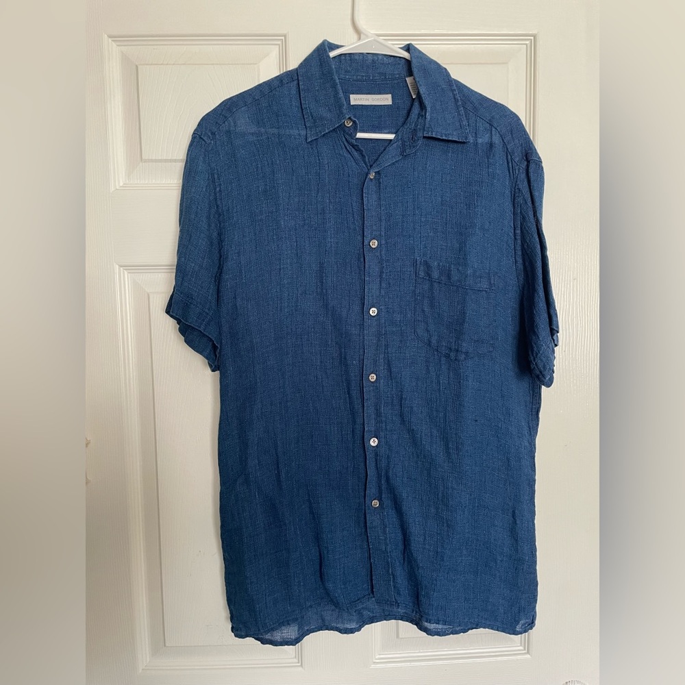 Martin Gordon 100% Linen Men's Medium Blue Short-Sleeve Button-Up Shirt